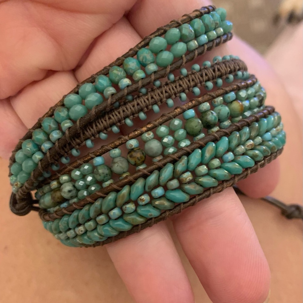 NWT- Multi wrap handstitched leather bracelet with African Turquoise.
